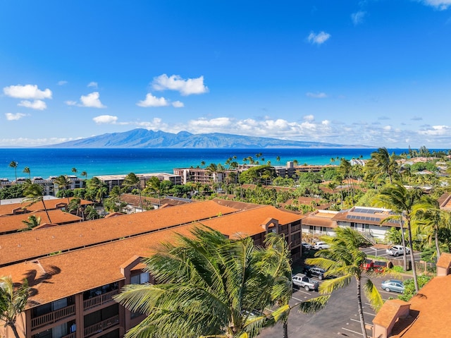 bird's eye view featuring a water and mountain view