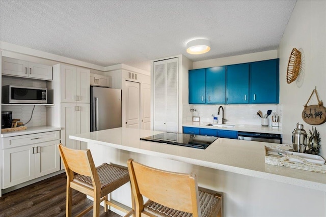 kitchen featuring appliances with stainless steel finishes, a sink, a kitchen breakfast bar, tasteful backsplash, and dark wood-type flooring