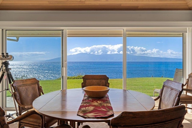 dining space featuring a water view, a wealth of natural light, and wood ceiling