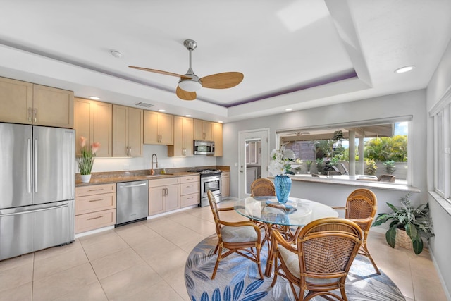 kitchen featuring sink, light brown cabinets, a tray ceiling, and stainless steel appliances