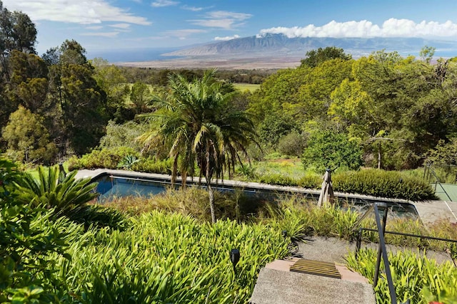 view of swimming pool with a mountain view