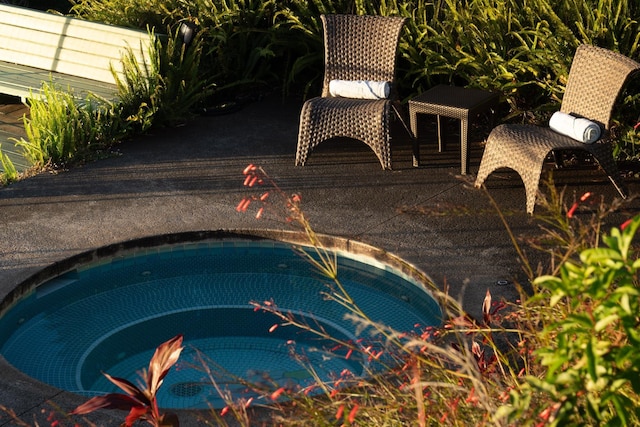 view of swimming pool with a hot tub