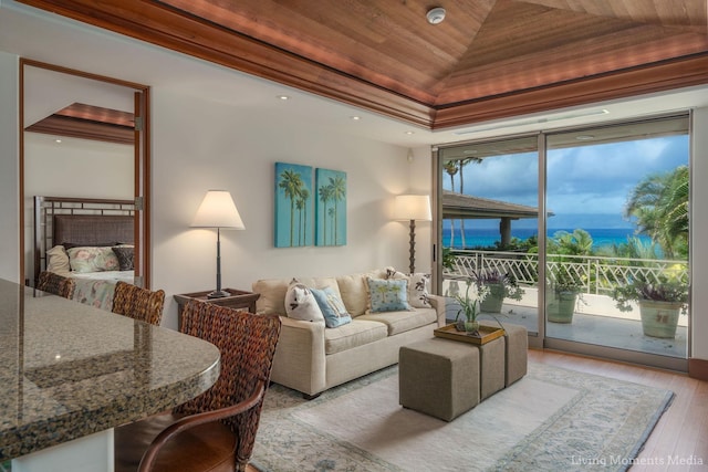 living room with vaulted ceiling, light hardwood / wood-style flooring, a healthy amount of sunlight, and wood ceiling