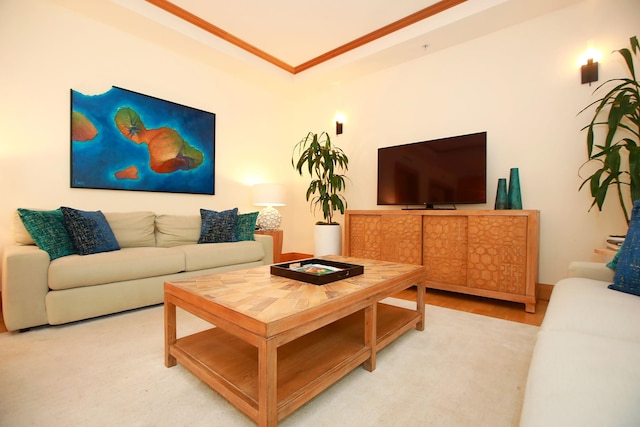 living room with wood-type flooring and ornamental molding