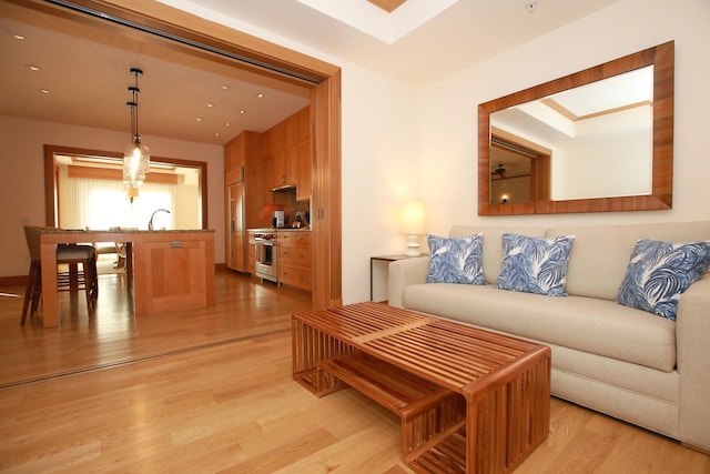 living room with sink and light hardwood / wood-style flooring