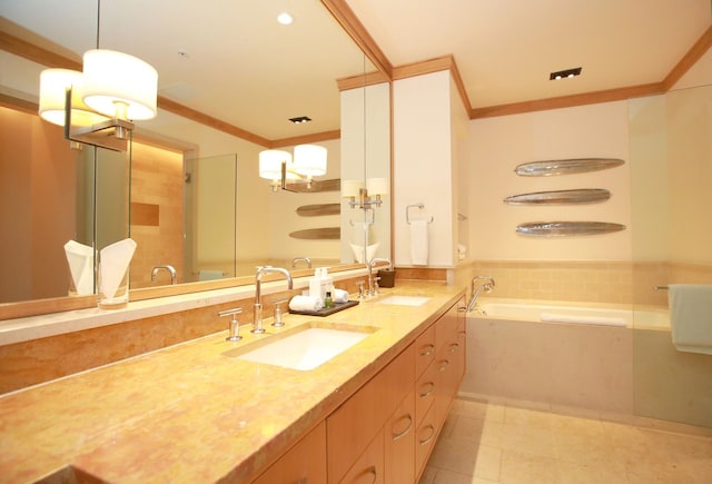 bathroom featuring dual sinks, tile flooring, vanity with extensive cabinet space, a bathtub, and ornamental molding