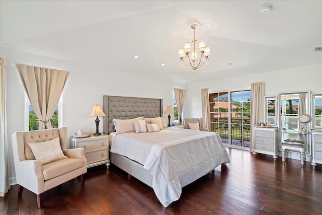 357 Umeke St Unit 144, Kihei, HI 96753 - bedroom featuring access to outside, a notable chandelier, dark wood finished floors, recessed lighting, and visible vents