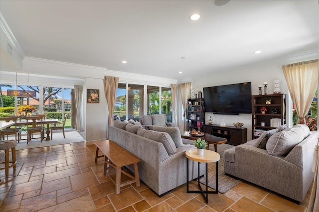 357 Umeke St Unit 144, Kihei, HI 96753 - living room with recessed lighting, ornamental molding, and stone tile floors
