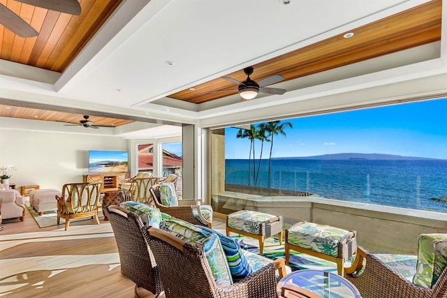 interior space with ceiling fan and wood ceiling