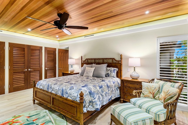 bedroom with ceiling fan, light wood-type flooring, wooden ceiling, and two closets