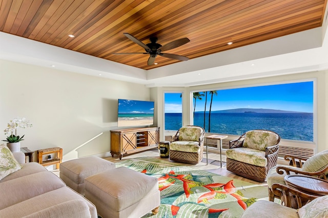 living room featuring hardwood / wood-style flooring, ceiling fan, and wooden ceiling