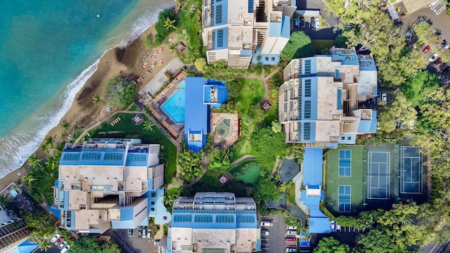 aerial view with a beach view and a water view
