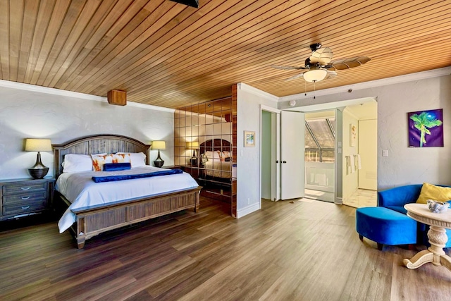 bedroom featuring ceiling fan, wooden ceiling, wood finished floors, and ornamental molding