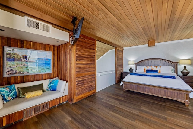 bedroom featuring wood finished floors, wooden ceiling, visible vents, and wood walls