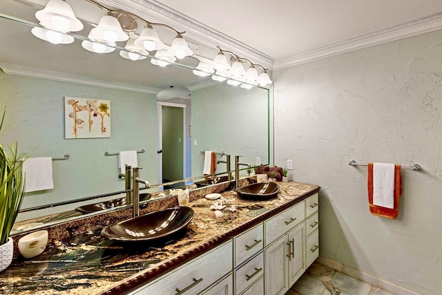 full bath with crown molding, a sink, and double vanity