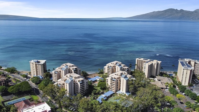 drone / aerial view with a water and mountain view