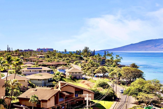 birds eye view of property featuring a water and mountain view