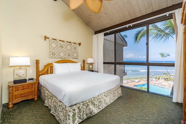 bedroom with dark carpet, wood ceiling, access to exterior, and lofted ceiling