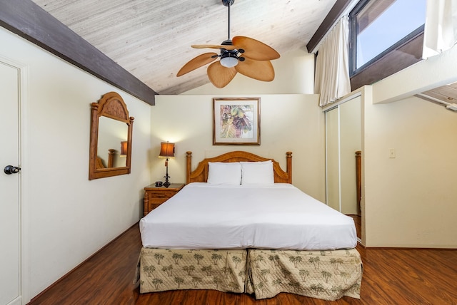 bedroom featuring ceiling fan, vaulted ceiling, wood ceiling, and dark wood-type flooring