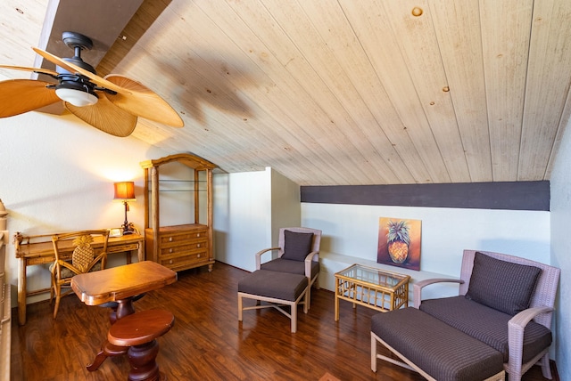 sitting room featuring lofted ceiling, wood ceiling, dark hardwood / wood-style flooring, and ceiling fan