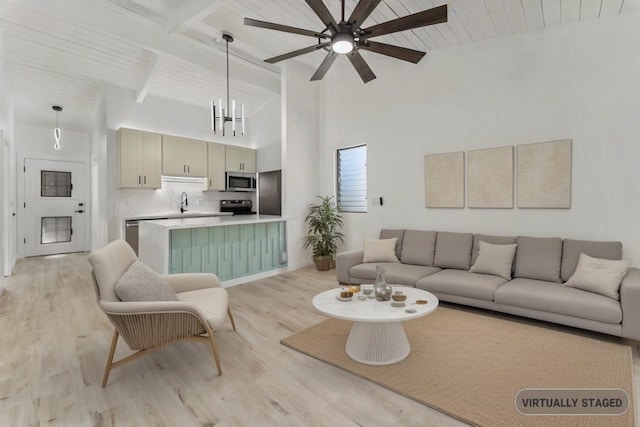 living area featuring light wood finished floors, ceiling fan, beamed ceiling, wood ceiling, and high vaulted ceiling