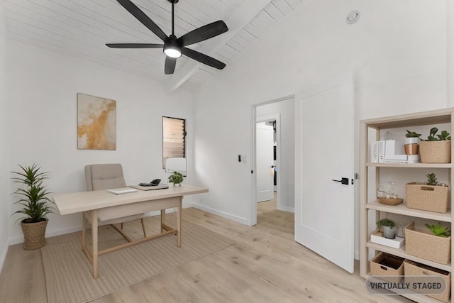 office with light wood-type flooring, a ceiling fan, wooden ceiling, baseboards, and vaulted ceiling with beams