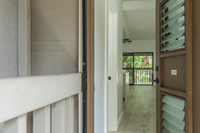 hall with lofted ceiling and hardwood / wood-style floors