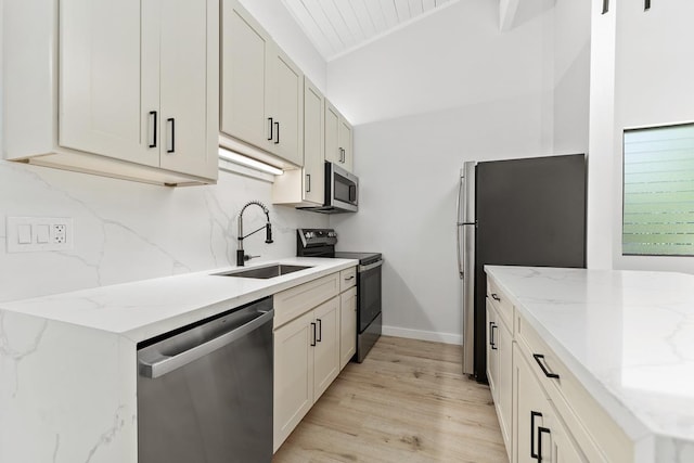 kitchen with light stone counters, a sink, stainless steel appliances, light wood-style floors, and backsplash