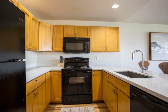 kitchen with sink, light hardwood / wood-style flooring, and black appliances