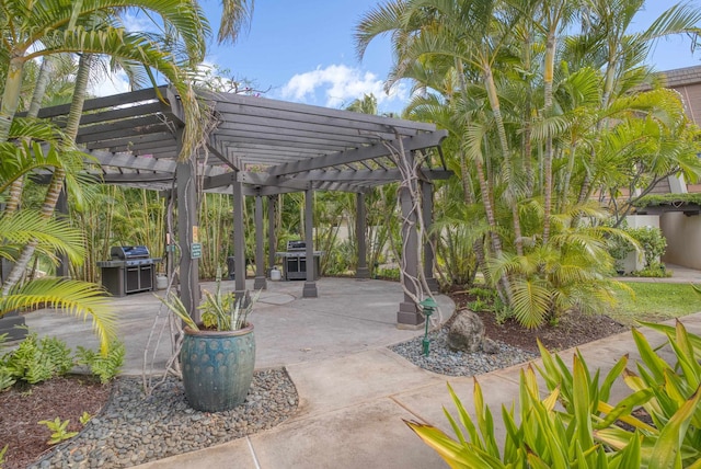 view of patio / terrace featuring area for grilling and a pergola