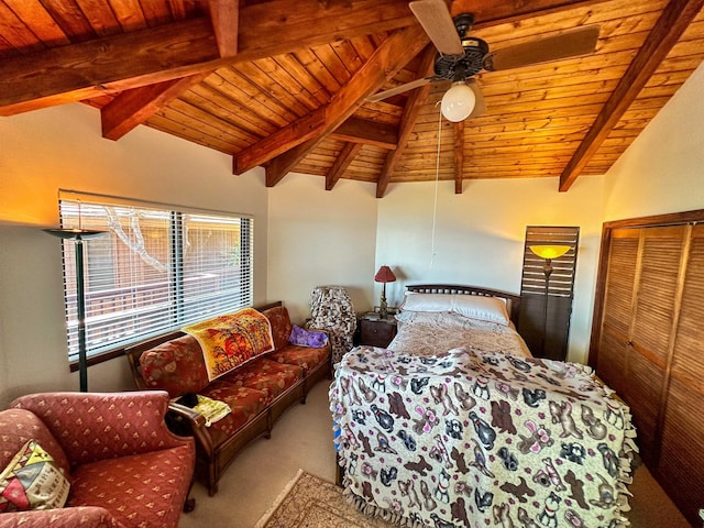 bedroom featuring ceiling fan, wooden ceiling, carpet, and lofted ceiling with beams