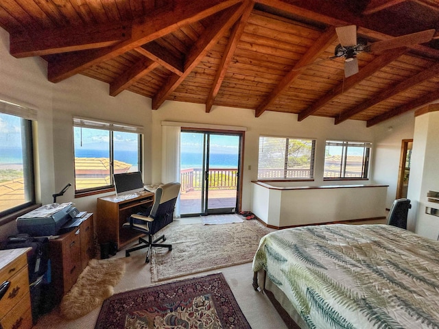 carpeted bedroom with access to outside, lofted ceiling with beams, wood ceiling, and ceiling fan