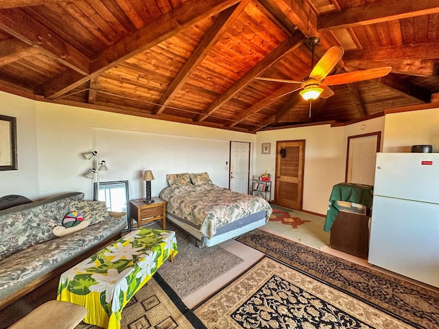 bedroom featuring white fridge, vaulted ceiling with beams, wooden ceiling, and ceiling fan