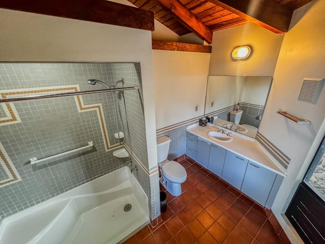 441 Uluanui Rd, Kaunakakai, HI 96748 - full bathroom with tile patterned flooring, toilet, wooden ceiling with exposed beams, bathing tub / shower combination, and vanity