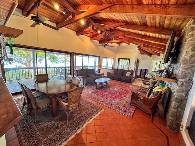 sunroom / solarium with wood ceiling, ceiling fan, plenty of natural light, and vaulted ceiling with beams