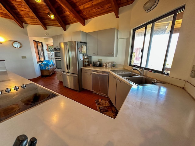 kitchen with wood ceiling, stainless steel appliances, sink, gray cabinets, and lofted ceiling with beams