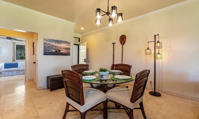 dining space featuring ornamental molding, light tile patterned flooring, and ceiling fan with notable chandelier