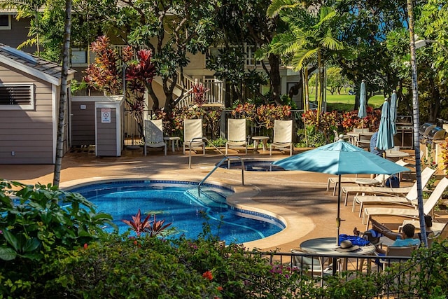 view of swimming pool with a patio