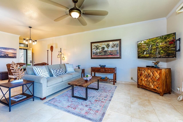 living room featuring ornamental molding, light tile patterned flooring, and ceiling fan with notable chandelier