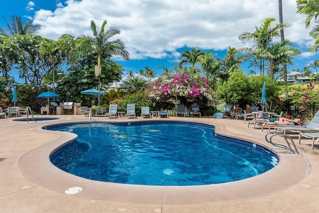 view of swimming pool featuring a patio area