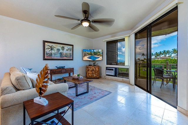 living room with ornamental molding, heating unit, and ceiling fan