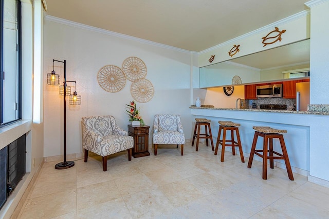 155 Wailea Ike Pl Unit 67, Kihei, HI 96753 - kitchen featuring crown molding, a fireplace, appliances with stainless steel finishes, and tasteful backsplash