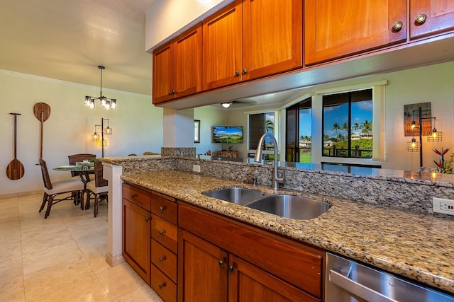 kitchen featuring dishwasher, ornamental molding, sink, light stone countertops, and an inviting chandelier