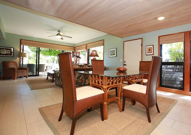 dining area featuring wood ceiling, ceiling fan, and light tile floors