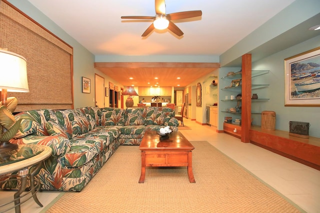 living room with ceiling fan and light tile floors