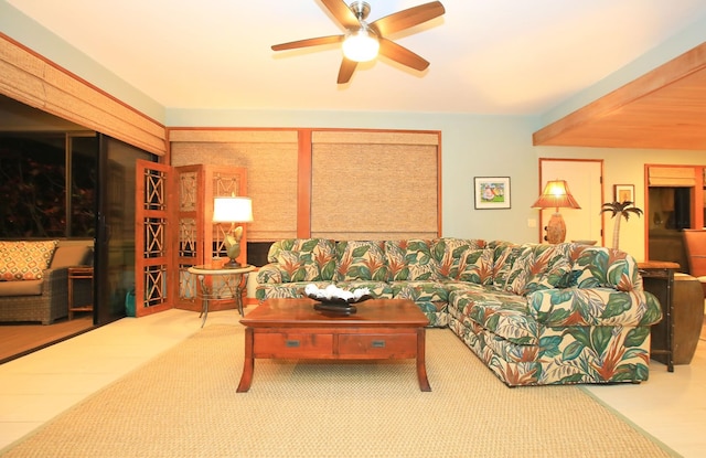 living room featuring ceiling fan