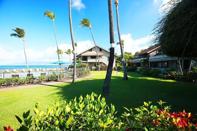 view of nearby features featuring a water view and a lawn