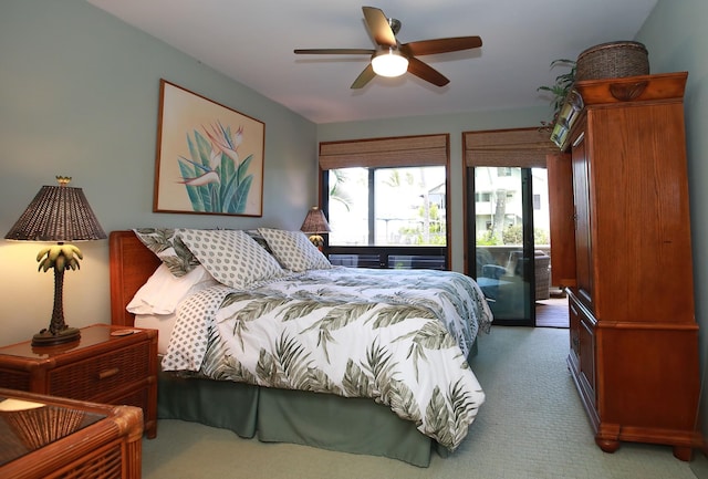 bedroom featuring access to outside, carpet, and ceiling fan