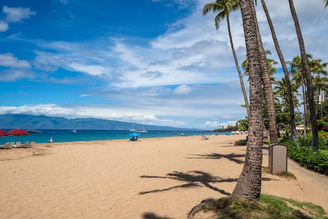 water view featuring a mountain view and a beach view