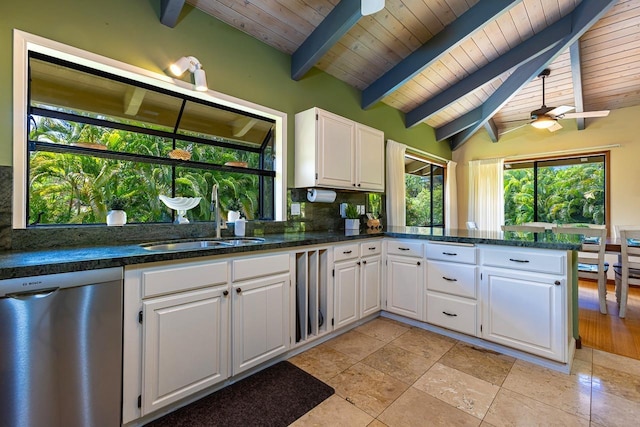 kitchen with ceiling fan, sink, lofted ceiling with beams, dishwasher, and white cabinets